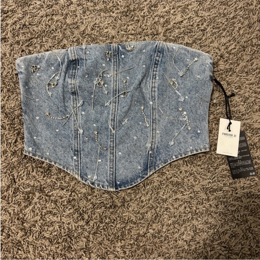 Forever 21 Light Blue Denim Jean Tube Top with Embellishments